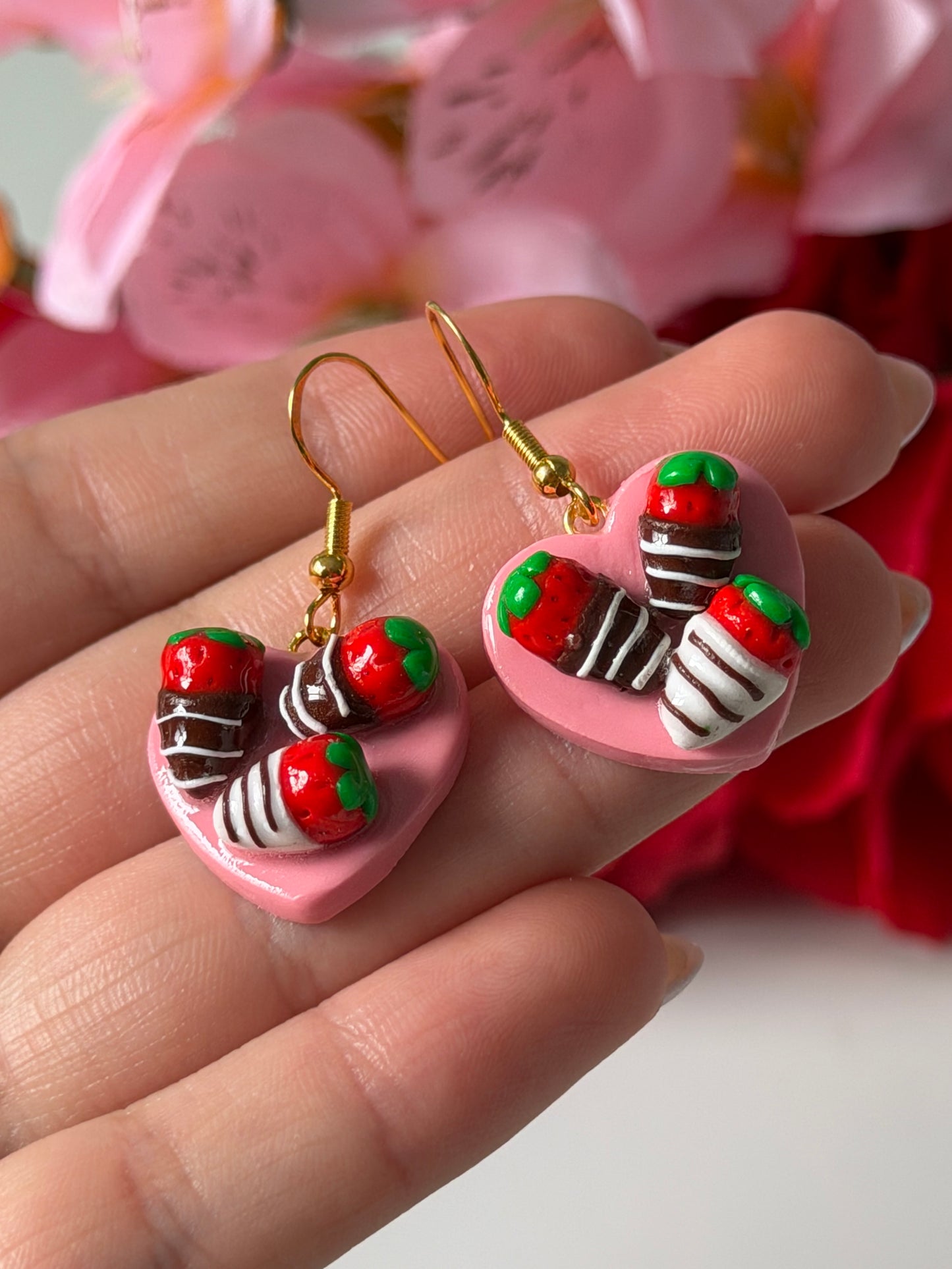 Strawberries on heart earrings