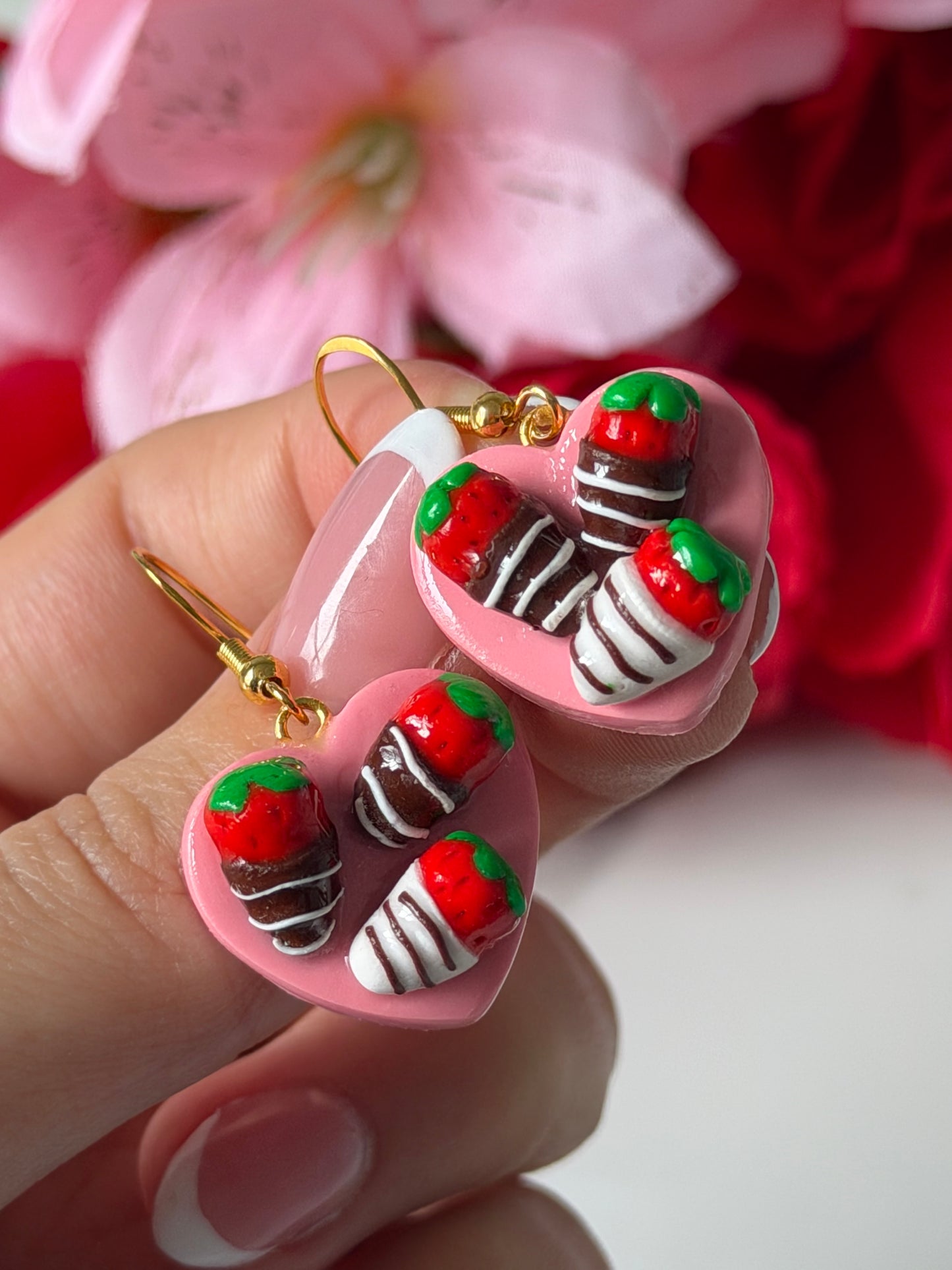 Strawberries on heart earrings