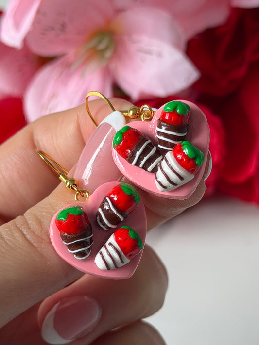 Strawberries on heart earrings
